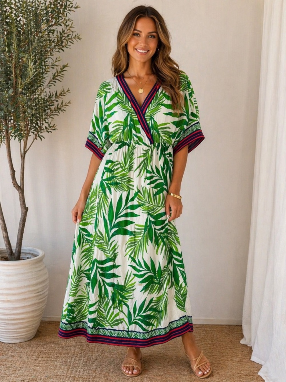 FLYING TOMATO Women’s Tropical Green Leaf V-Neck Vacation Jungle Maxi Dress S